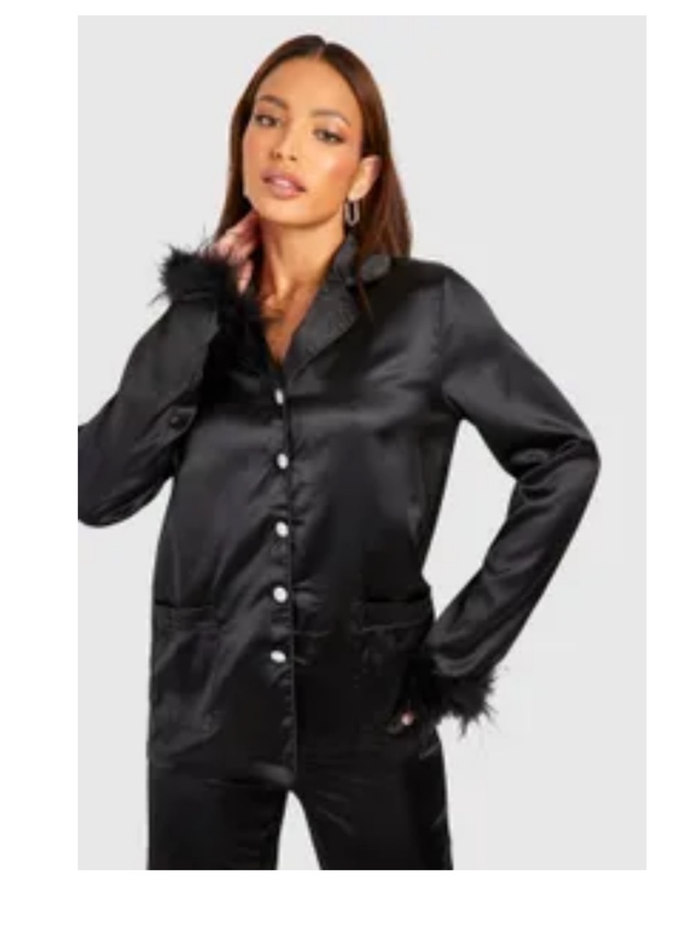 Boohoo Black Satin Feather-Trim Pajama Set - Picture 2 of 2